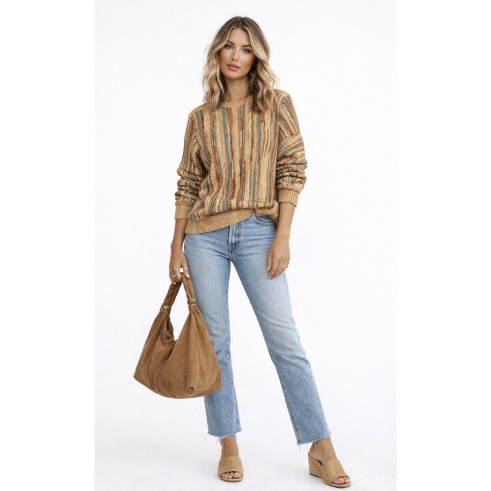 Vintage Mariea Kim Women Large Chunky Stripe Knit Sweater Metallic Earth Tone